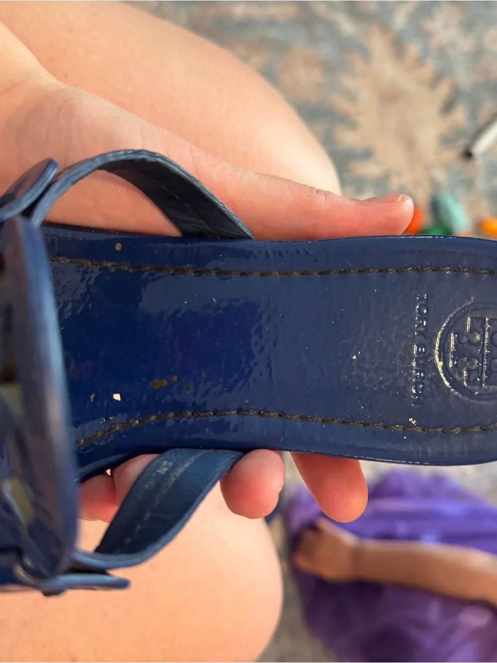 Tory Burch Navy Blue Patent Leather Logo Miller Sandals - Picture 3 of 6